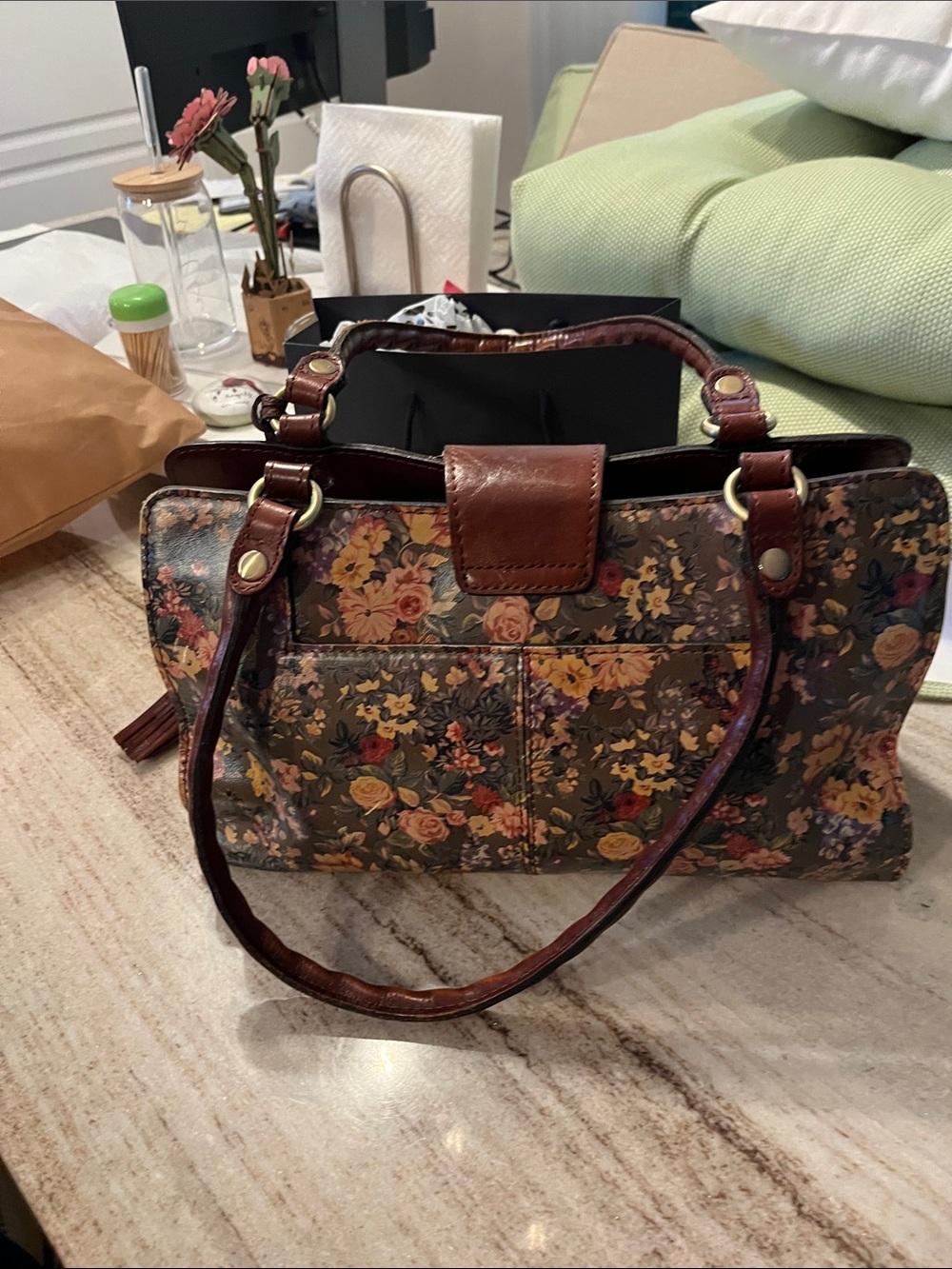 Patricia Nash Floral Print Shoulder Satchel in Brown with Tassel Accent w/wallet - Picture 4 of 8